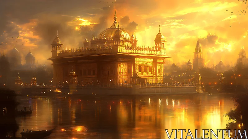 Golden lakeside temple under dramatic sunset light.