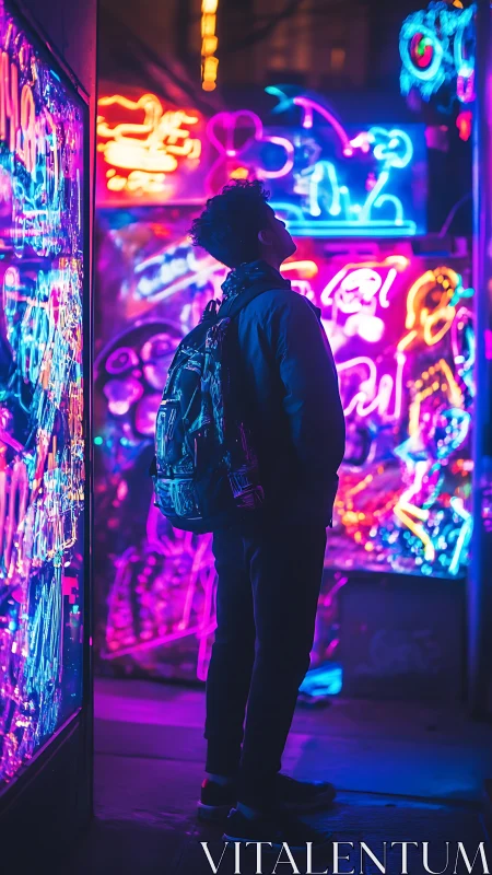 Neon soaked city alley welcomes a lone night wanderer