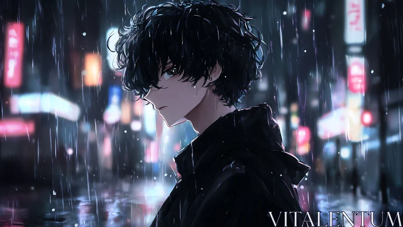 Young male figure in rain on neon lit urban street at night.