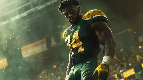 Stadium titan in green armor stalks the roaring sidelines.