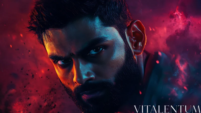 Intense bearded man portrait in vivid red blue lighting.
