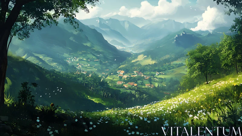 Sunlit valley village cradled between peaceful green peaks.