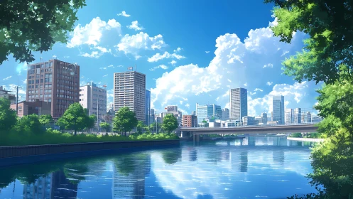 Sunlit riverside cityscape reflects calm beneath blue skies