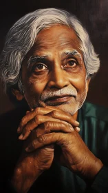 Elderly man rests folded hands under thoughtful gaze portrait