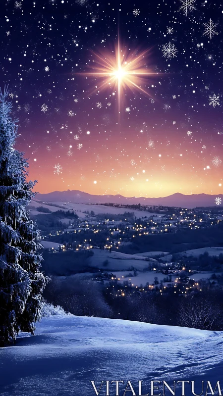 Snow-covered hillside above illuminated valley at dusk.