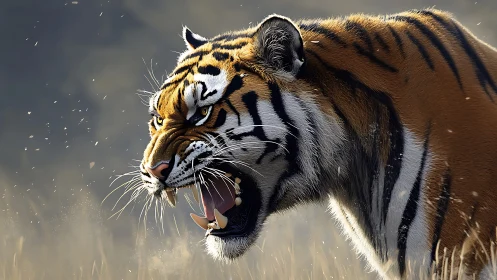 Photorealistic side-profile study of roaring Bengal tiger fur detailing.