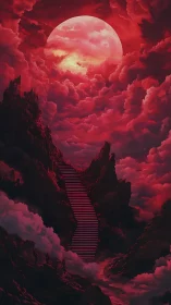 Stairway ascends through red clouds toward large luminous moon