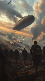 Soldiers march beneath a vast airship in a burning sky.