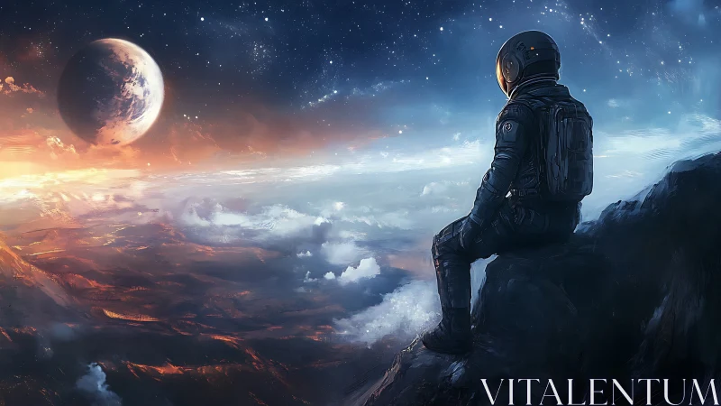 Digital painting of solitary astronaut overlooking alien horizon.