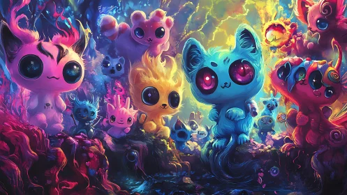 Glowing Creatures in Neon-Lit Ethereal Landscape.