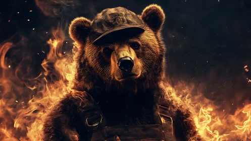 Heroic firefighter bear stands amid blazing inferno flames