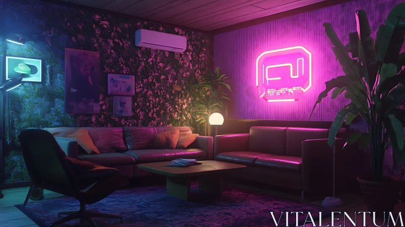Neon lounge interior with retro sofas and lush wall art.