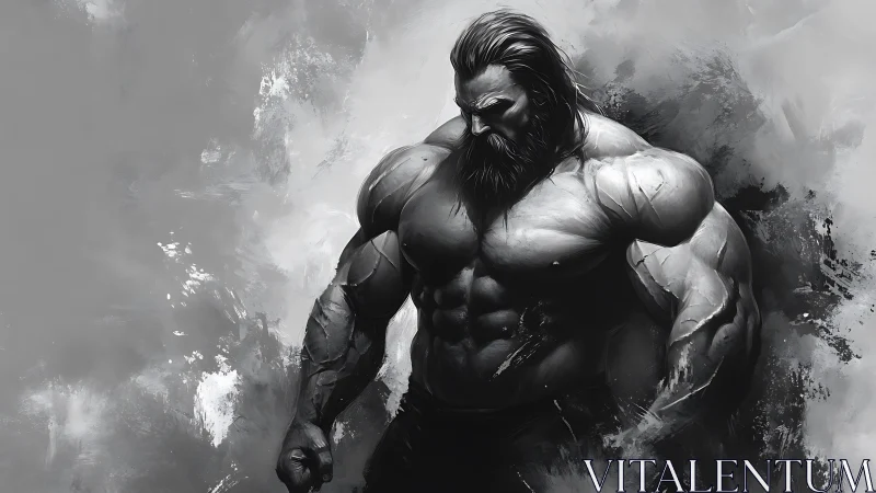 Monochrome hyper-muscular warrior rendered in dramatic chiaroscuro