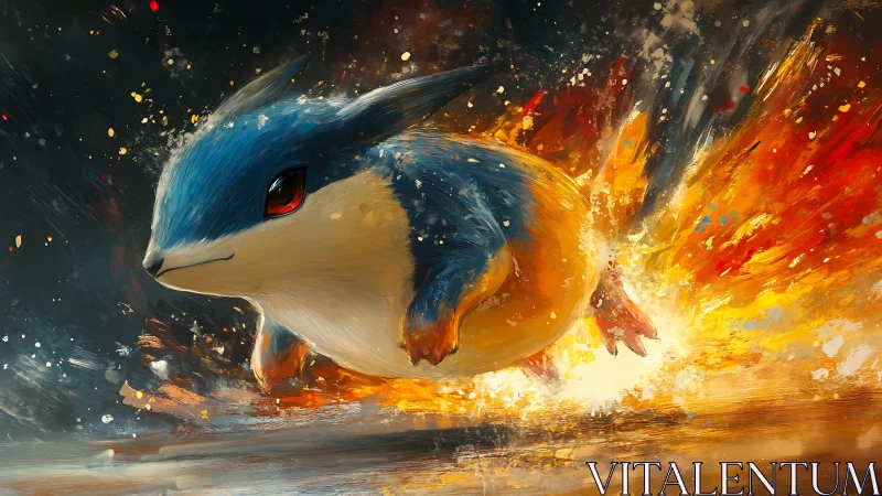 Fiery blue creature dashing through a storm of sparks.