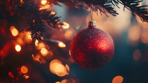 Red Christmas bauble glows among warm festive tree lights.