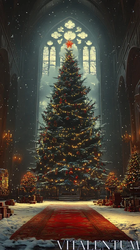 Cathedral-scale Christmas tree under stained glass glow.