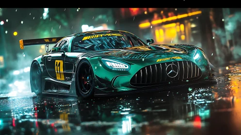 Rain-slicked Mercedes racer prowls through neon stormlight.