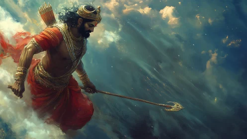 Mythic warrior in dynamic diagonal digital painting composition.