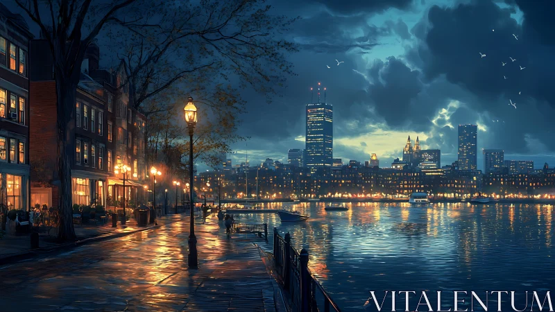 Urban waterfront promenade at dusk with lit city skyline.