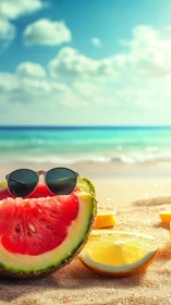 Watermelon slice with sunglasses on sunny beach scene.
