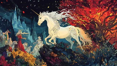 Majestic unicorn leads elven procession through fiery twilight