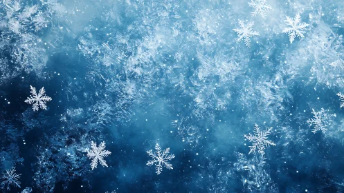 Crystalline snowflakes drifting over textured icy blue field.