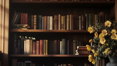 Wooden bookshelves with assorted volumes and flowers.