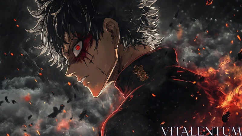 Side profile of male figure with red eye amid embers.