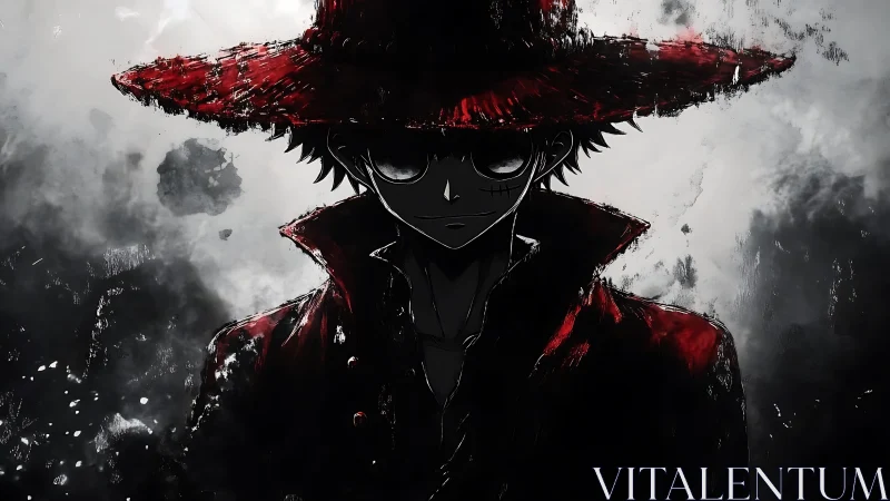Dark anime figure in red hat and coat against smoky void.