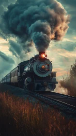 Steam engine at dusk rolling toward a glowing horizon.