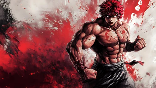 Red-haired anime fighter stands against violent red storm