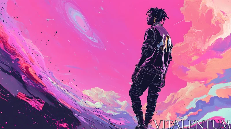 Solitary figure surveys neon cosmic horizon in vivid sky