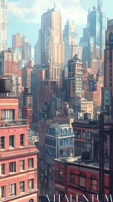 Sunlit city towers rising warmly above cozy side streets.