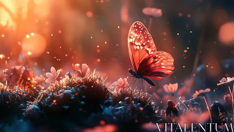 Twilight meadow monarch pausing amid glowing ember petals.