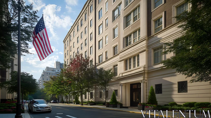 Morning light along stately urban apartments and flag.