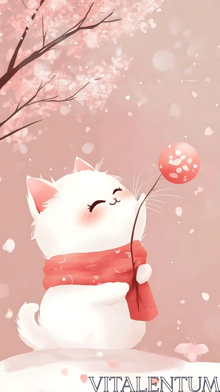 White Cat with Red Scarf Playing with Lantern in Snowy Garden