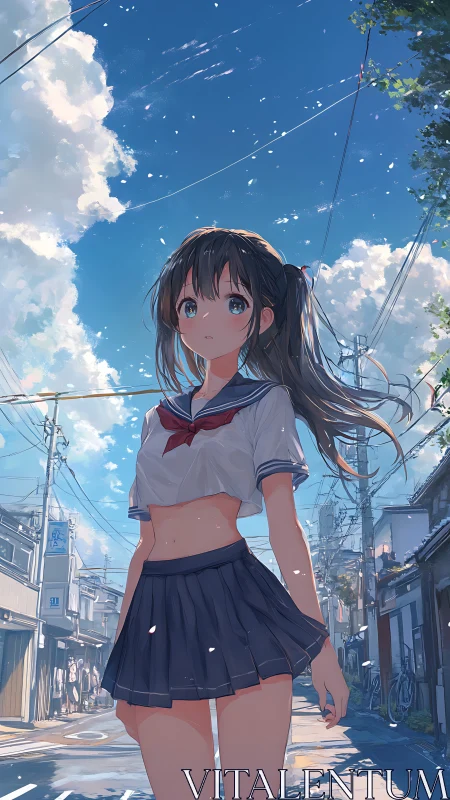Summer-lit schoolgirl strolling under towering cloudscapes.