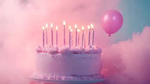 Birthday Cake with Lit Candles Against Pink Cloud Environment