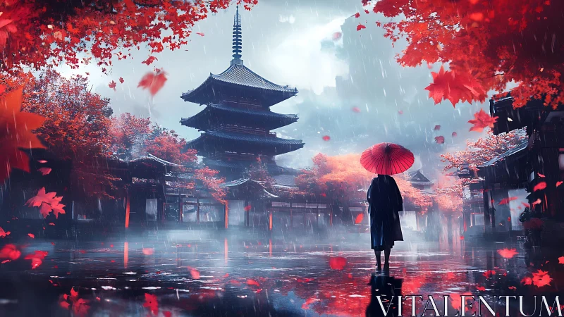 Crimson umbrellas and quiet rain in a dreamy pagoda street.
