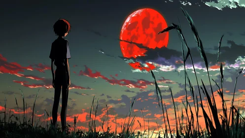 Silhouetted youth surveys a crimson moon over stylized dusk sky