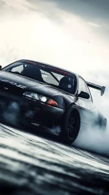 Black sports coupe drifting on wet asphalt surface in smoke.