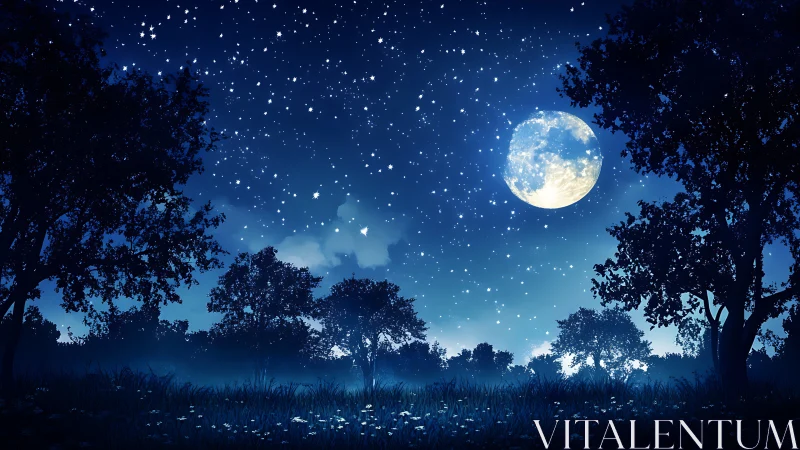 Moonlit woodland meadow under dense starry night sky.