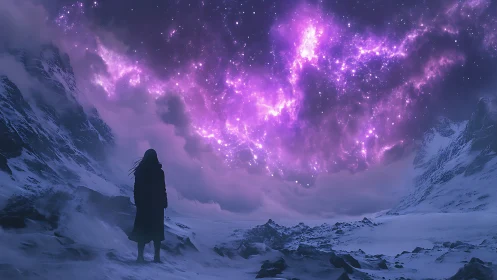 Solitary figure surveys glacial valley under luminous purple nebula