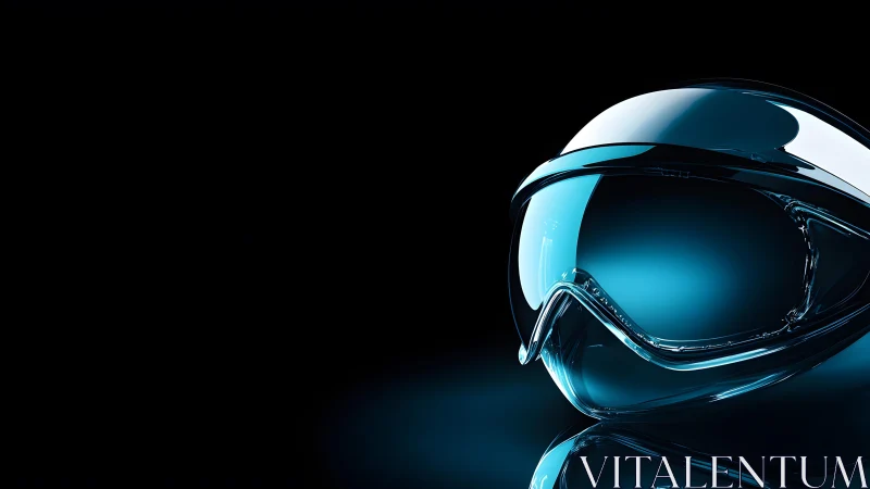 Futuristic blue ski goggles on reflective surface, digital art style.