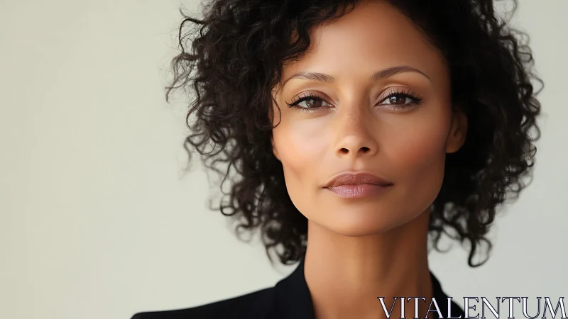 Confident woman with curly hair in natural light, modern portrait.