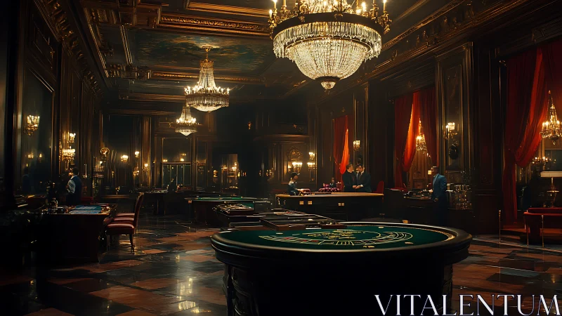 Grand casino hall glows beneath opulent crystal chandeliers