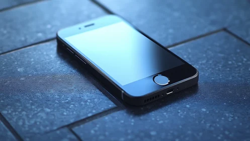 Sleek smartphone glowing softly on modern blue tile.