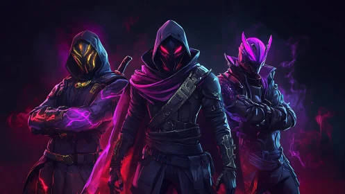 Shadowy trio of neon rogues stands ready in swirling energy