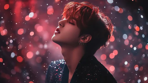 Side profile portrait with red bokeh background is rendered