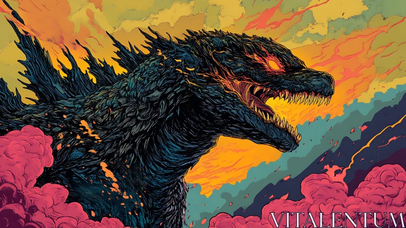 Kaiju profile against stylized sky with smoke plumes.